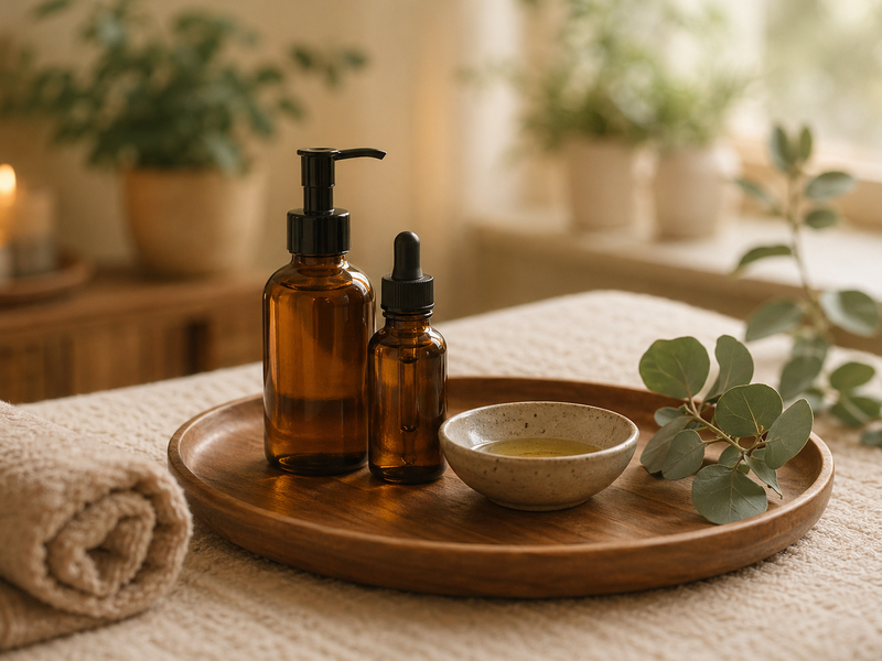 Masszázsolajok és puha textília — meleg tónusú részlet