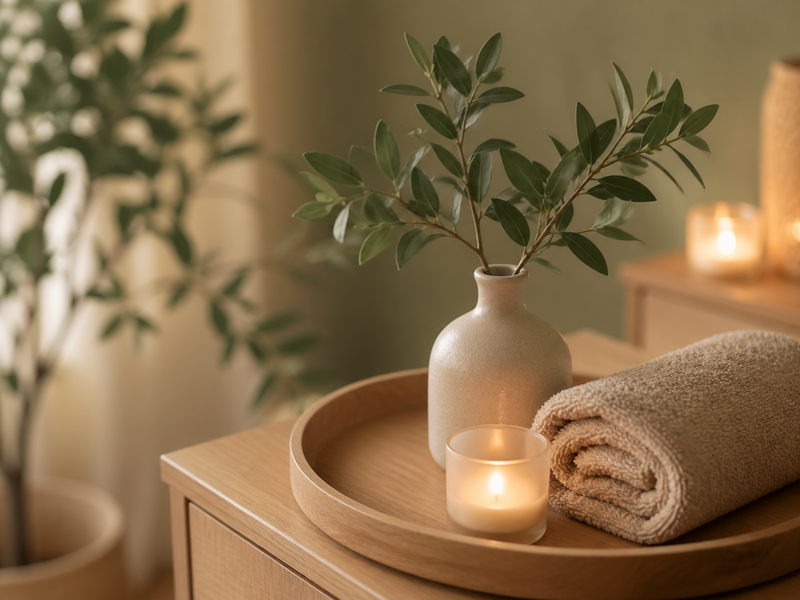 Meleg wellness részlet — gyertyák, textilek